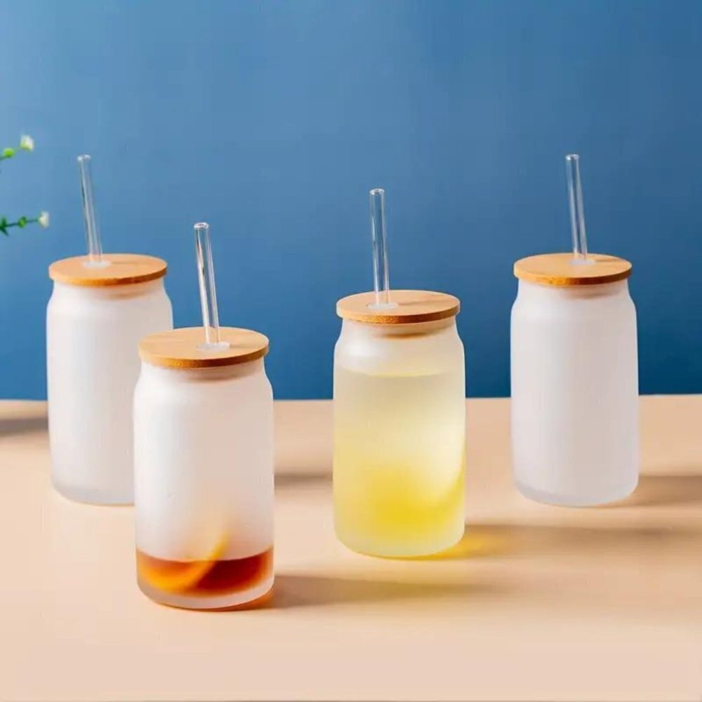 16oz 4pcs Frosted Drinking Glasses With Bamboo Lids And Glass Straws